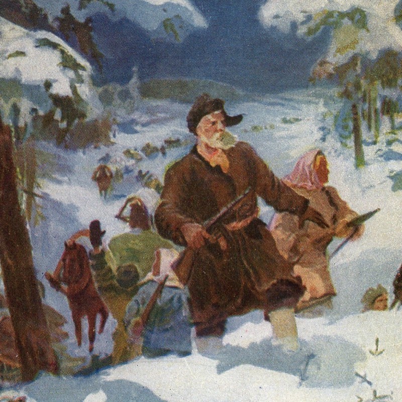 Postcard "A wagon train with food from the partisan region", 1943