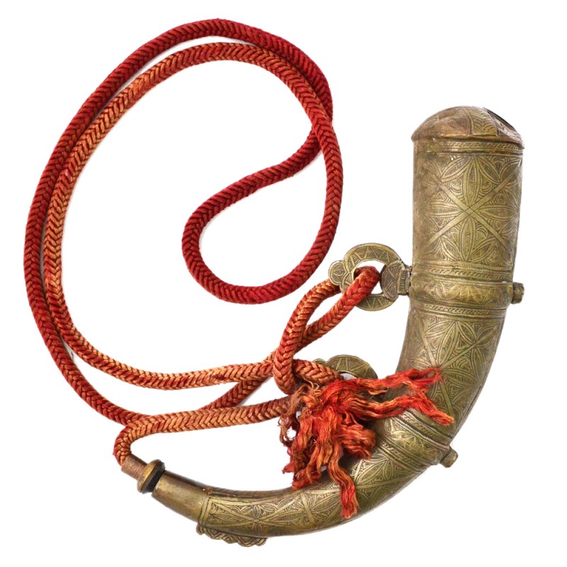 Brass Moroccan powder horn in a sling