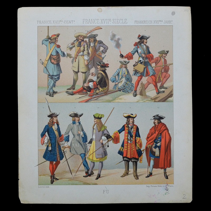 Lithograph with samples of uniforms of the French army of the XVIII century