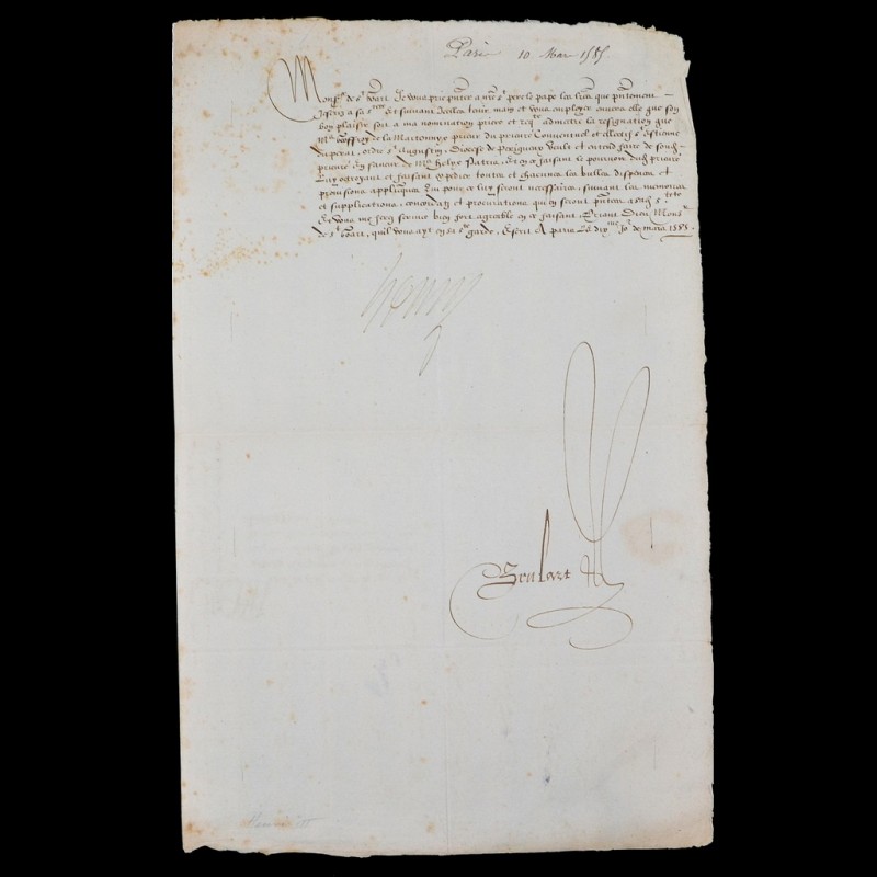A document with the handwritten signature of the French King Henry III, 1585