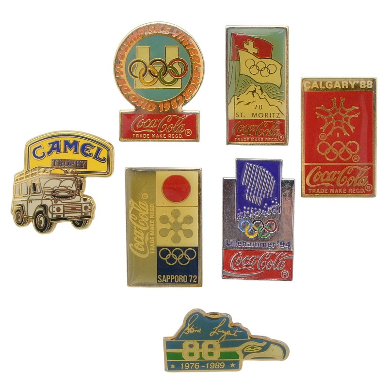 Lot of sponsored badges of various Olympic Games