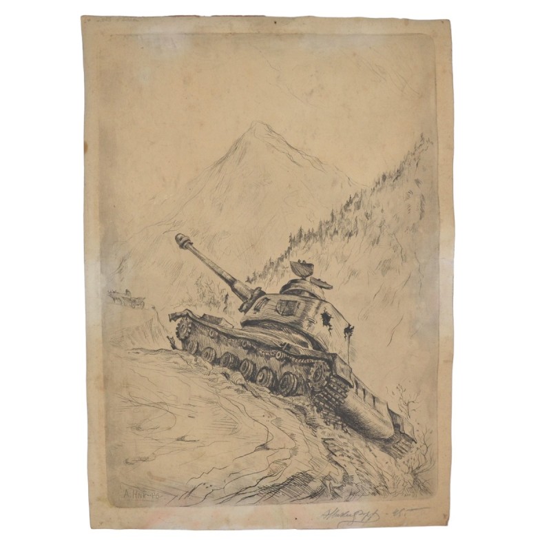 Graphic print by A. Nikiforov "A downed German tank in the mountains", 1946